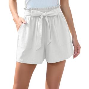 HIYIYEZI Women Casual Shorts Bowknot Tie Waist Summer Shorts with Pockets (White, XXL)