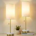Desk Lamp & Table Lamp Set of 2, Bedside Lamps for Night Stands - Modern Small Table Lamps with Marble Base, Fabric Shade, Mini Pull Chain Bedroom Lamps for Living Room, Office, Reading (Gold)