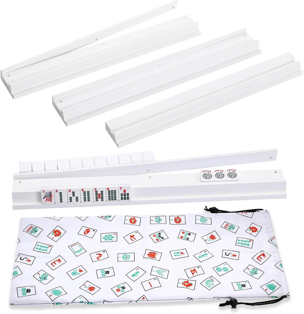 Mahjong Racks with Pushers, White Wooden American Mahjong Tile Pushers and Racks Set of 4, with White Printed Mahjong Racks Drawstring Bag, Mahjong Accessories (19.68 Inches), 19.68 x 2.55 x 1.06 inches