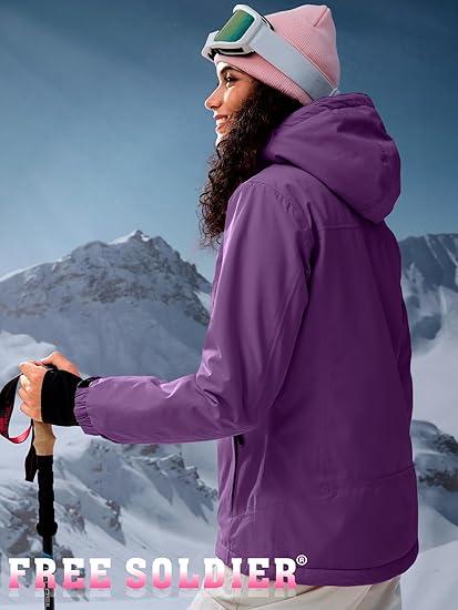 FREE SOLDIER Women's Waterproof Ski Snow Jacket Fleece Lined Warm Winter Rain Jacket with Hood Fully Taped Seams size M,, Purple