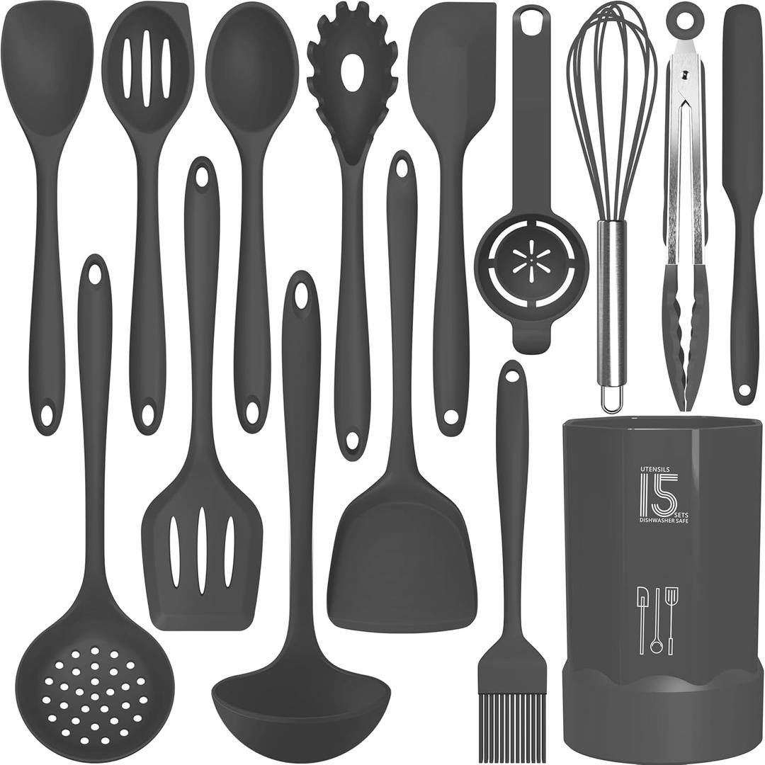 AOTHOD Silicone Cooking Utensils Set - 446F Heat Resistant Kitchen Utensils,Spatula Sets,Turner Tongs,Spoon,Kitchen Utensil Gadgets Tools Set for Nonstick Cookware,Dishwasher Safe BPA Free (Gray)