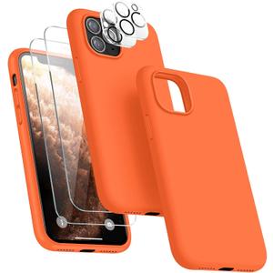 [5 in 1 for iPhone 11 Pro Case 5.8 inch, with 2 Pack Screen Protector + 2 Pack Camera Lens Protector, Liquid Silicone Slim Shockproof Protective Phone Case [Microfiber Lining] (Orange) (iPhone 11 Pro, Orange)