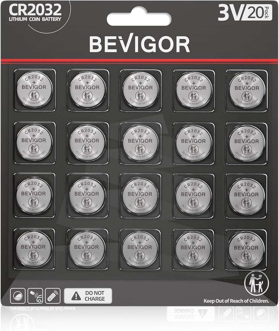 BEVIGOR 2032 Battery CR2032 Lithium 3V Coin Battery 20 Pack Compatible with AirTag for Child Safety, Suitable for Key Fobs, Smart Sensors, Scales, Candles and More