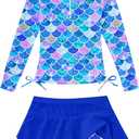 Vogseek 3-4T Girl Swimsuits 2pcs Long Sleeve Swim Rashguard Bathing Suit with Cover-ups Skirt