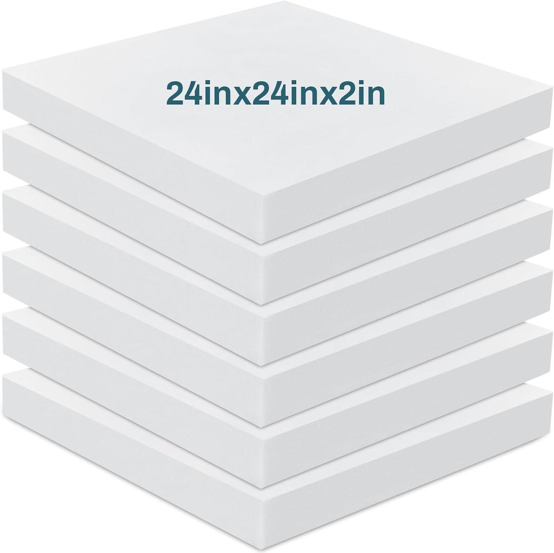 Frienda 6 Pack 2" X 24" X 24" Upholstery High Density Foam Cushion White Square Seat Replacement Cushion or Commercial Use Stuffing Craft Foam Couch Chair Padding DIY Projects