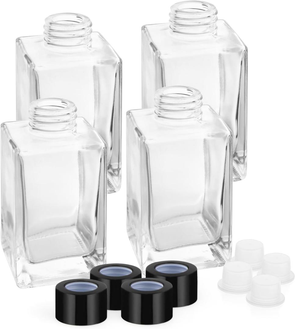 4 Pack 120ml/4.06oz Clear Glass Diffuser Bottles Square Refillable Fragrance Diffuser Jars Essential Oil Containers with Black Caps for DIY Replacement Reed Diffuser Set