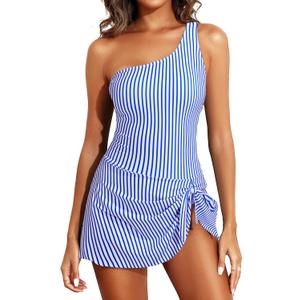 Tempt Me Women One Piece Swim Dress One Shoulder Swimsuit with Skirt Tummy Control Swimdress Bathing Suit (Blue Striped, Medium)