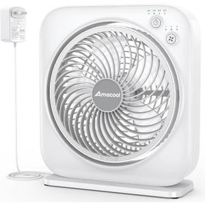 AMACOOL Table Fan, 12 inch Box Fan with 3 Speeds & 8HRS Timer, 270 Pivoting Quiet Air Circulator, Desktop Fan for Bedroom Bathroom Kitchen Office, AC Adapter Included, Co-Branded with Cmyfato-White