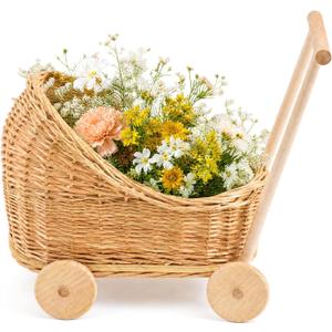 Wicker Baby Carriage 18.11"L x 12.01"D x 18.5"H Flower Basket Cart with Wheels Natural Woven Rattan Floral Display Stroller Style for Wedding Baby Shower Bridal Party Garden Home Decor Photo Props