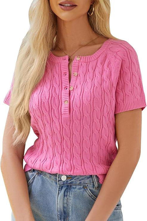 YKR Women's Short Sleeve Cable Knit Textured Henley Shirt Casual Summer Crew Neck Button Down Sweater (Pink, Large)