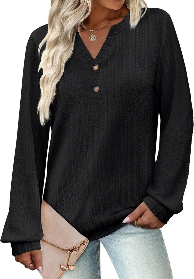 Women's Long Sleeve V Neck Henley Shirts Textured Lightweight Tunic Sweaters Dressy Casual Tops 2025 Fall Blouses (Black, XL)