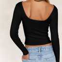 Falechay Long Sleeve Shirts for Women Sexy Backless Striped Tops Going Out T-Shirt Y2K Crop Womens Blouse Boat Neck Outfit (Black, S)