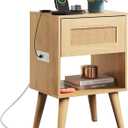 WLIVE Rattan Nightstand with Charging Station, Boho Night Stand, Small Bedroom Side Table, End Table with Drawer and Storage, Wood Bedside Tables for Bedroom, Small Spaces, Natural Oak