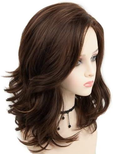 RENERSHOW Brown with Blonde Highlight Natural Wavy Wigs for White Women Mixed Brown Synthetic Wig Natural Looking Daily Party Wig