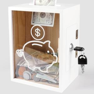 Clear Piggy Bank with Lock, Large Money Saving Jar Money Bank Box Container for Cash Saving, Openable Clear Money Coin Change Bank Jar Container Penny Piggy Jar Bank for Adults Kids, White