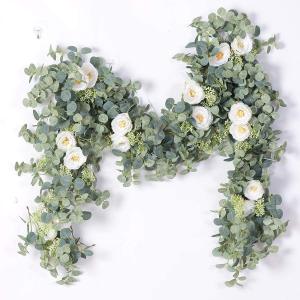 PARTY JOY 6.56ft Eucalyptus Garland with Flowers-8 White Roses, Artificial Fake Flowers Greenery Garland Floral Vines for Decoration Party Wedding Table Indoor Outdoor Backdrop Wall Decor(White) (1PC)