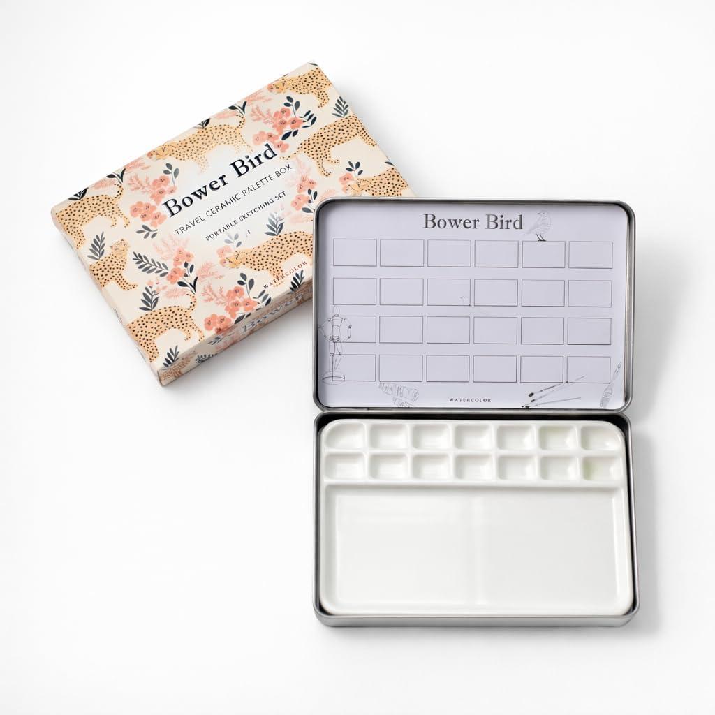 Bower Bird Travel Watercolor Palette,Portable Ceramic Palette 14 Well,Empty Paint Palette,Small Travel Metal Paint Boxwith Porcelain Palette