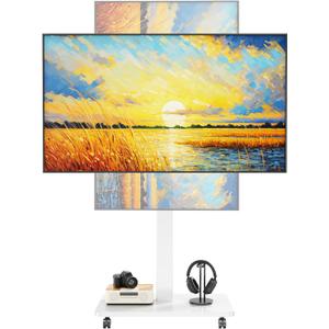 Rolling TV Stand for 10 to 46 Inch Flat Curved TV with Rotating, Portrait to Landscape, Height Adjustable Portable TV Stand with Wheels, Universal TV Cart for Bedroom, Living Room and Corner