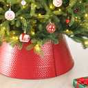 Glitzhome 26" D Red Hammered Metal Tree Collar Tree Base Cover Decorative Christmas Tree Ring for Christmas Decoration, Large