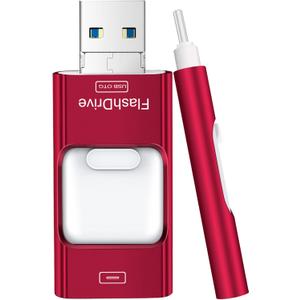 Flash Drive for iPhone 256GB, 4 in 1 USB Type C Memory Stick, Photo Stick External Storage Thumb Drive for iPhone iPad Android Computer, Candy Red