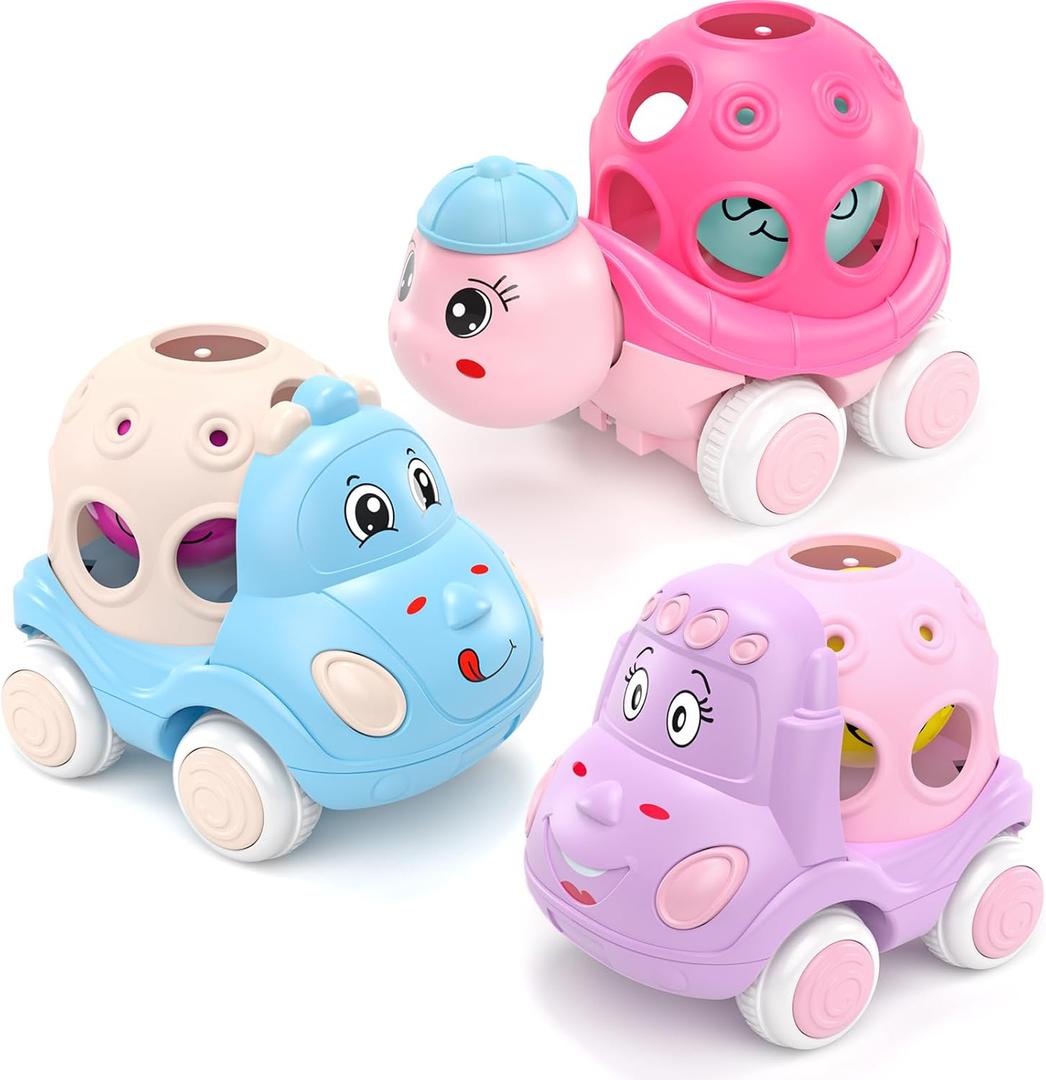 Baby Girl Toys Gifts for 1 2 Year Old Girls, Pink Cars for Babies 6-12 12-18 Months, Push and Go Trucks for Toddlers, Soft Rattle Toys for One 1+ Infants First Birthday Easter Gifts