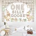 Cheereveal Goose Theme 1st Birthday Backdrop, 3x5ft One Silly Goose Gingham Style Photography Background Decorations for Farm Barnyard Animal Themed Newborn One Year Old First Bday Party Supplies