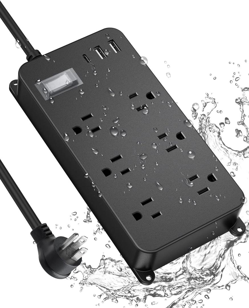 Outdoor Power Strip Weatherproof,20W USB C Port,Waterproof Extension Cord Multiple Outlet Surge Protector,6 Outlets,3 USB Ports,6ft Cord