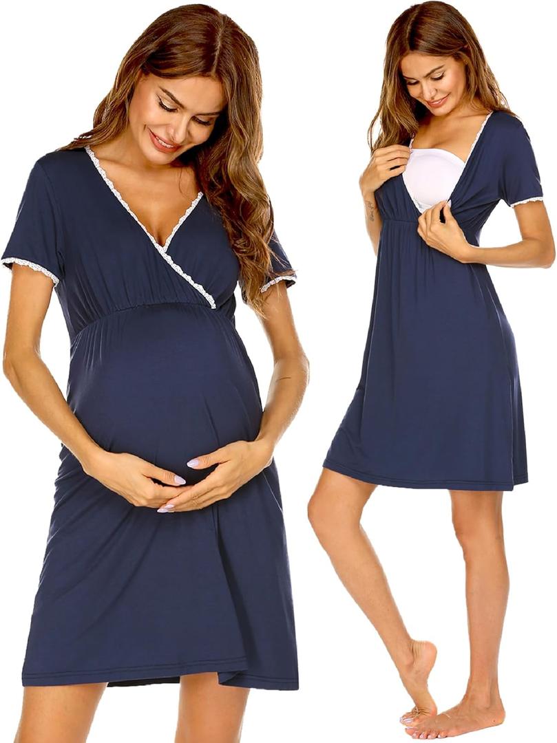 Ekouaer Nursing Nightgown Delivery and Labor Gown for Hospital Short Sleeve Maternity Breastfeeding Dress, Blue, Small