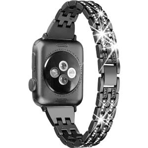 Secbolt Bling Bands Compatible with Apple Watch Band 38mm 40mm 41mm 42mm 44mm 45mm 46mm 49mm Women iWatch SE Series 11 10 9 8 7 6 5 4 3 2 1, Dressy Jewelry Metal Wristband Strap Diamond Rhinestone (Black)