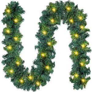 Lyrow 9 ft Christmas Garland with 50 LED Light Battery Operated String Light Waterproof Lighted Outdoor Christmas Garland for Stair Mantle Fireplace Front Porch Indoor, Warm White(1 Pcs)
