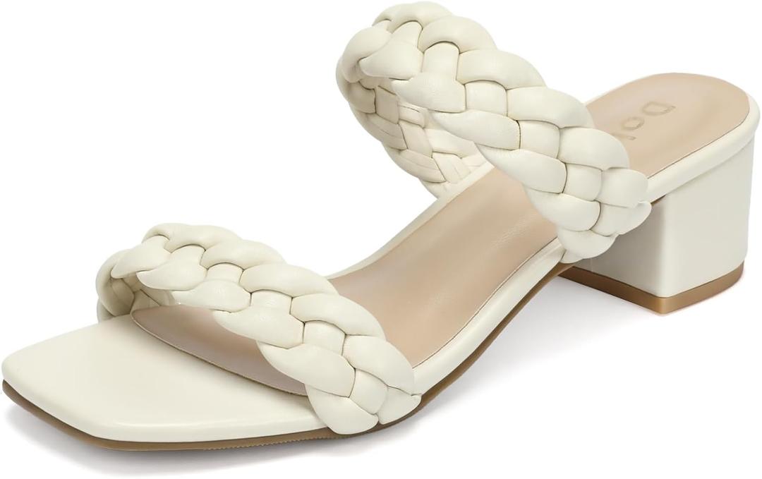 Wide Width Chunky Heels for Women Braided Dressy Sandals Square Open Toe Summer Shoes (White)
