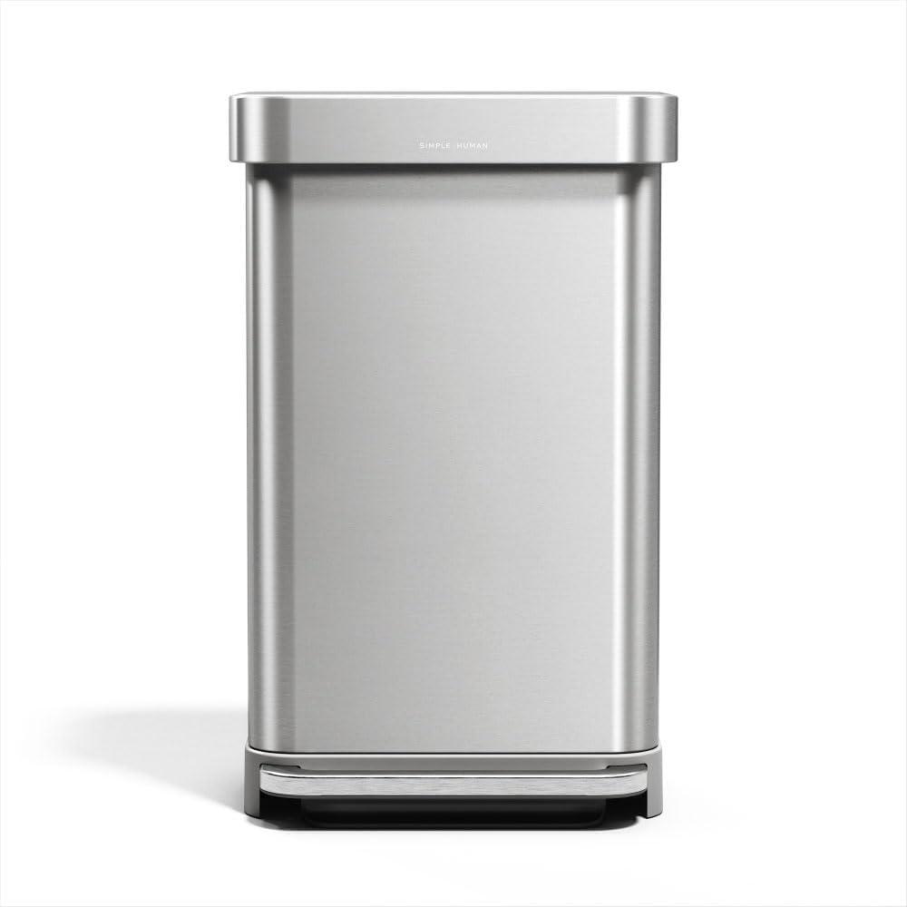 simplehuman 45 Liter / 12 Gallon Liter Rectangular Hands-Free Kitchen Step Trash Can with Soft-Close Lid, Brushed Stainless Steel with Plastic Lid