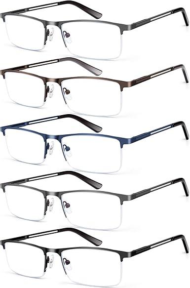Blue Light Blocking Reading Glasses for Men, Half Frame Metal Readers Spring Hinge Eyeglasses Anti Eyestrain/Glare/UV 1.25