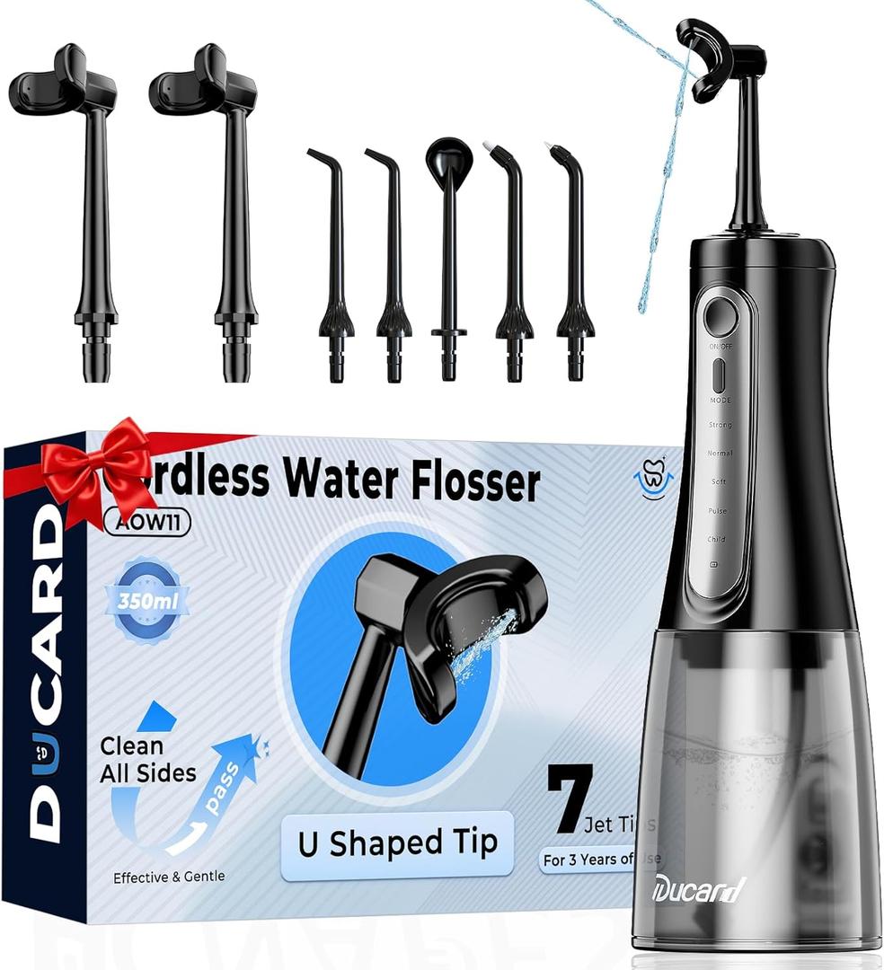 Cordless Water Flosser for Teeth, U-Shaped Flossing 360 Deep Clean, 5 Modes 7 Jet Tips for Adult & Child, Portable Rechargeable Dental Flosser Pick for Braces, Travel, 350ML Large Tank