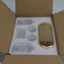 Glass 9 Pcs Bathroom Accessories Mouthwash Dispenser Set with Silicone Funnel, Soap Dispenser, Qtip Holder Jar, 2 Pack Shot Glass, Gold Tray and 2 Wooden Label Bathroom Counter Set Sink Decor (Clear Glass)