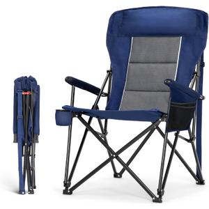 HIGH POINT SPORTS Oversized Camping Chairs for Adults, High Back Heavy Duty Lawn Folding Chair Support 500LBS, Padded Portable Outdoor Chair with Cup Holder, Blue