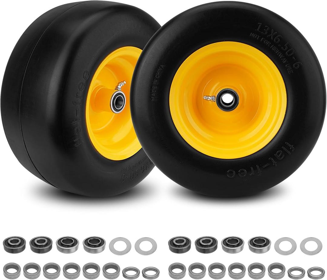 2PCS 13x6.50-6 Flat Free Tire and Wheel with 1/2" & 3/4" & 5/8" Precision Bearings and 4"-7.4" Centered Hub, Front Zero-Turn Smooth Tire Replacement for Riding Lawn Mowers Garden Tractor-Yellow