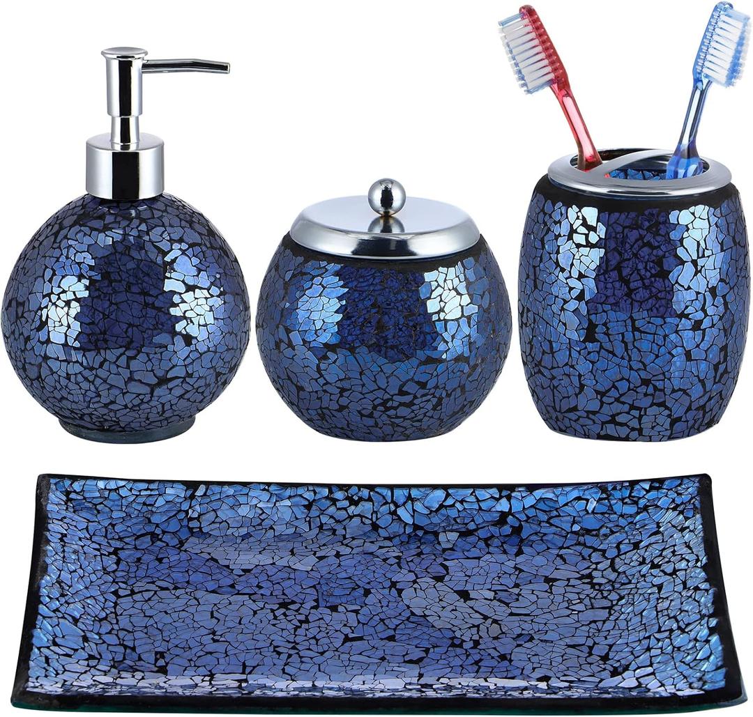 4 Pcs Mosaic Glass Bathroom Accessories Set, Modern Luxury Bath Ensemble, Includes Soap Dispenser, Cotton Swab Jar, Toothbrush Holder, Vanity Tray (Shiny Blue)