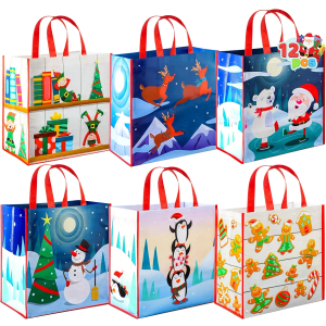 JOYIN 12 PCS Christmas Large Gift Bags with Handles 13.75" x 14", Non-Woven Tote Bag for Wrapping Xmas Party Favors, Reusable Grocery Bags, Party Supplies
