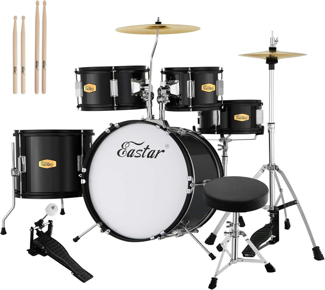 Drum Set Eastar 16 inch 5-Piece, Junior Drum Kit for Beginners Kids Teenagers with Adjustable Throne and Cymbal, Pedal & Drumsticks, Metallic Black (EDS-350MBK)