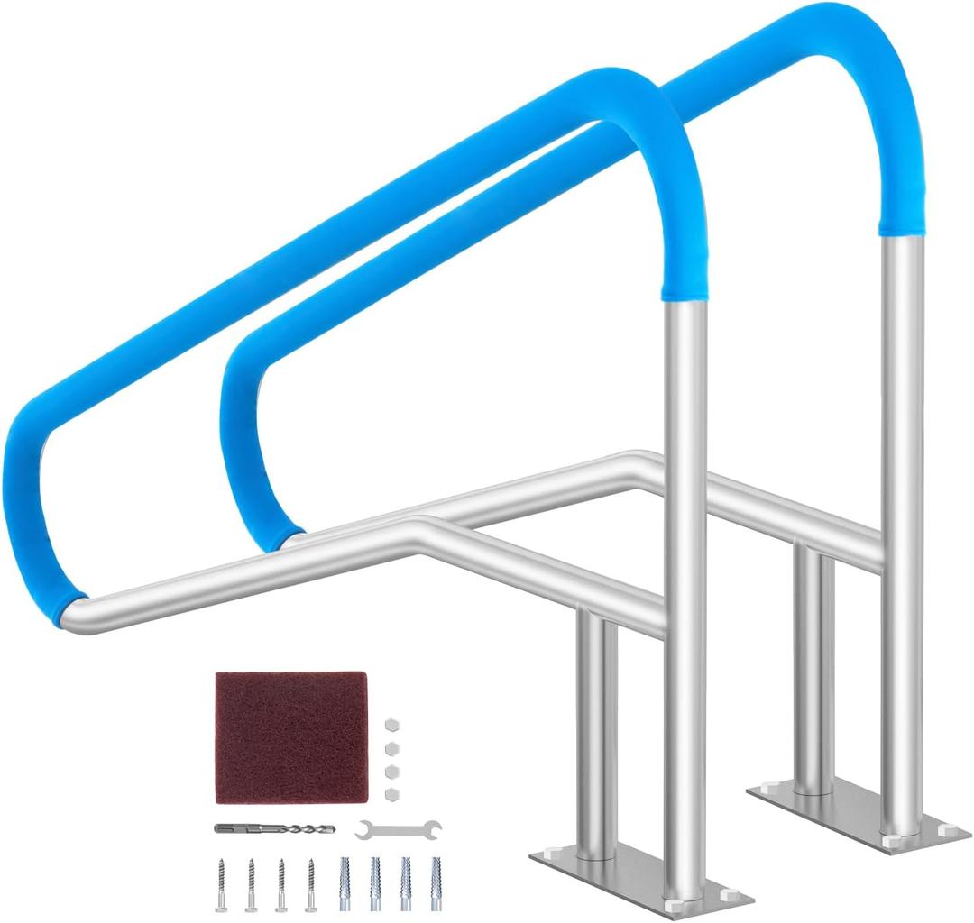 VEVOR Pool Handrail, 2 PCS 55 x 32 inch Railing, Stainless Steel with Base Plate for Indoor/Outdoor, Rust-Proof Grab Bar w/Grip Cover & Accessories for Decks/Spas