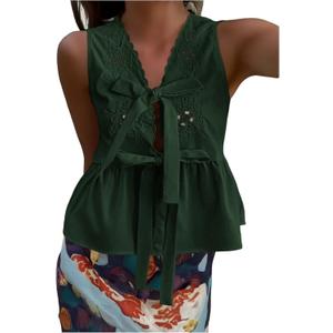 SOLY HUX Women's Y2k Bow Tie Front V Neck Sleeveless Blouse Eyelet Embroidery Ruffle Hem Babydoll Tops (Blue, S)