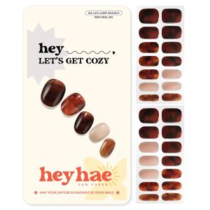 Heyhae Semi Cured Gel Nail Strips | No LED Lamp Needed | Fall, Marble, Brown | Easy Apply & Remove, Salon Quality | Includes 28 Strips, 1 Prep Pads, Nail File & Wooden stick - Hey, Lets Get Cozy