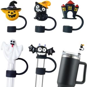 5PCS Halloween Straw Toppers 10mm, Silicone Straw Tips Covers Caps for Tumblers Stanley Straws - Stanley Cup Accessories Tumbler Accessories (Hallows Black)