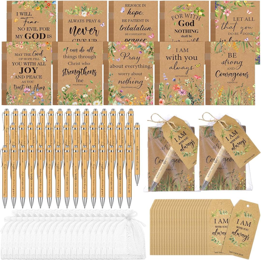 200 Pcs Christian Gifts Bulk Sets Bible Verse Religious Ballpoint Pen and Notebook Gift Set with Thanks Tags Organza Bag Gift Bulk for Women Church Christian Party Favors(Retro Color,Floral)