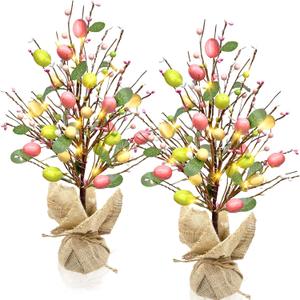 Vanthylit Easter Decorations, 2 Pack Easter Tree with Eggs Artificial Battery Powered Tabletop Centerpiece Lighted Artificial Tree for Holiday Party Spring Home Decor