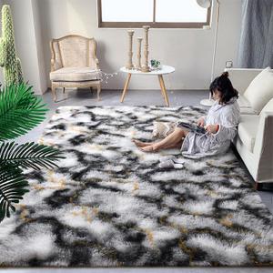 DweIke Fluffy Black White Gold Rugs for Bedroom Living Room, 6x9 Large Soft Plush Shaggy Tie-Dyed Girls Boys Kids Rug, Upgraded Non-Slip and Machine Washable Carpet for Dorm Nursery Classroom Decor