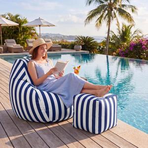 Outdoor Bean Bag Chair Set with Ottoman, Waterproof, Teardrop Boat Bean Bags and Matching Square Footrest, Breathable Weather Resistant Fabric for Marine Patio Pool(Blue White Stripe), 27" H 29" D 29" W