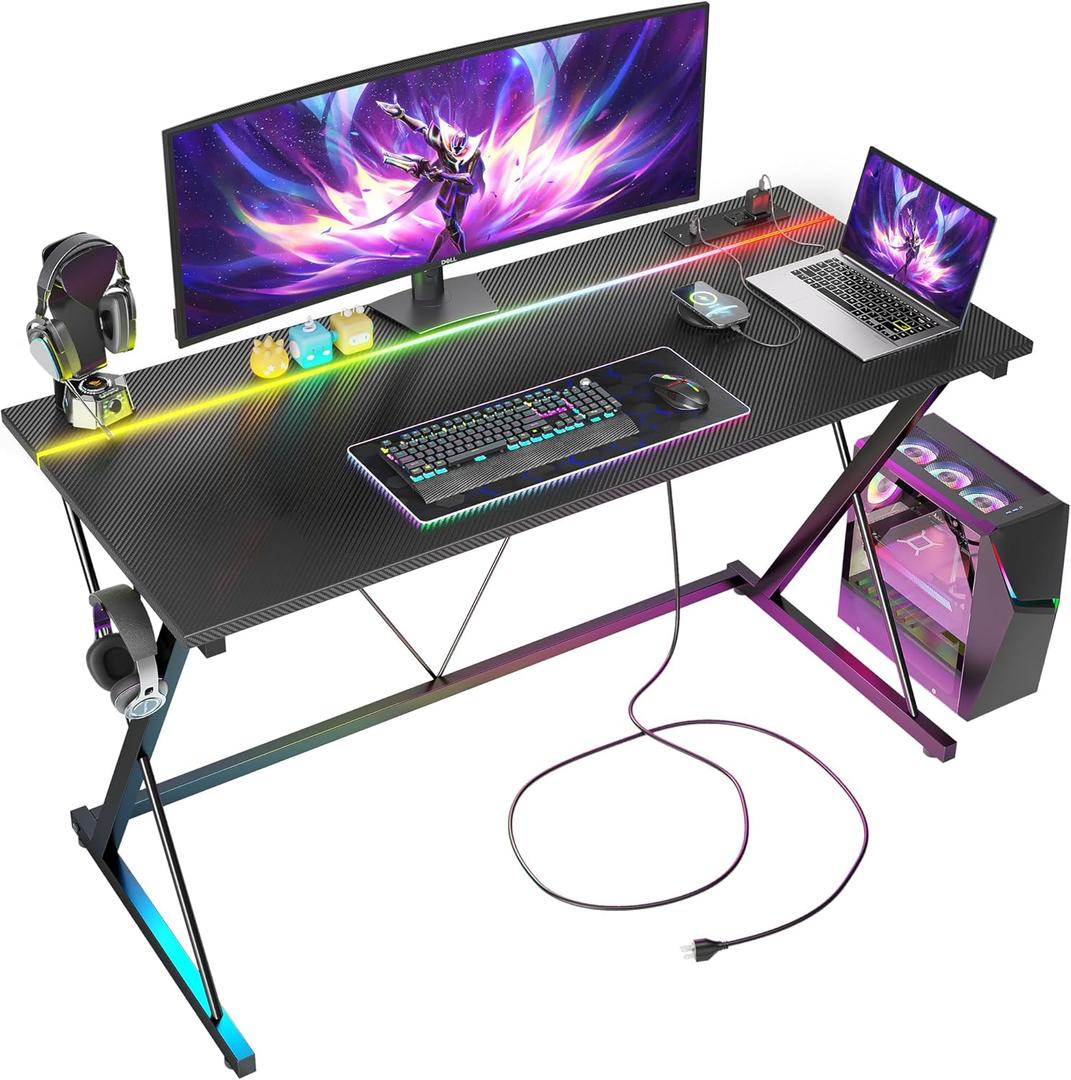 TIQLAB Gaming Desk with Power Outlets & LED 47 Inch Ergonomic Computer Carbon Fiber Surface Gamer Desk, PC Workstation with Headphone Hook for Bedroom, Kids Desk Gift for Boys, Black