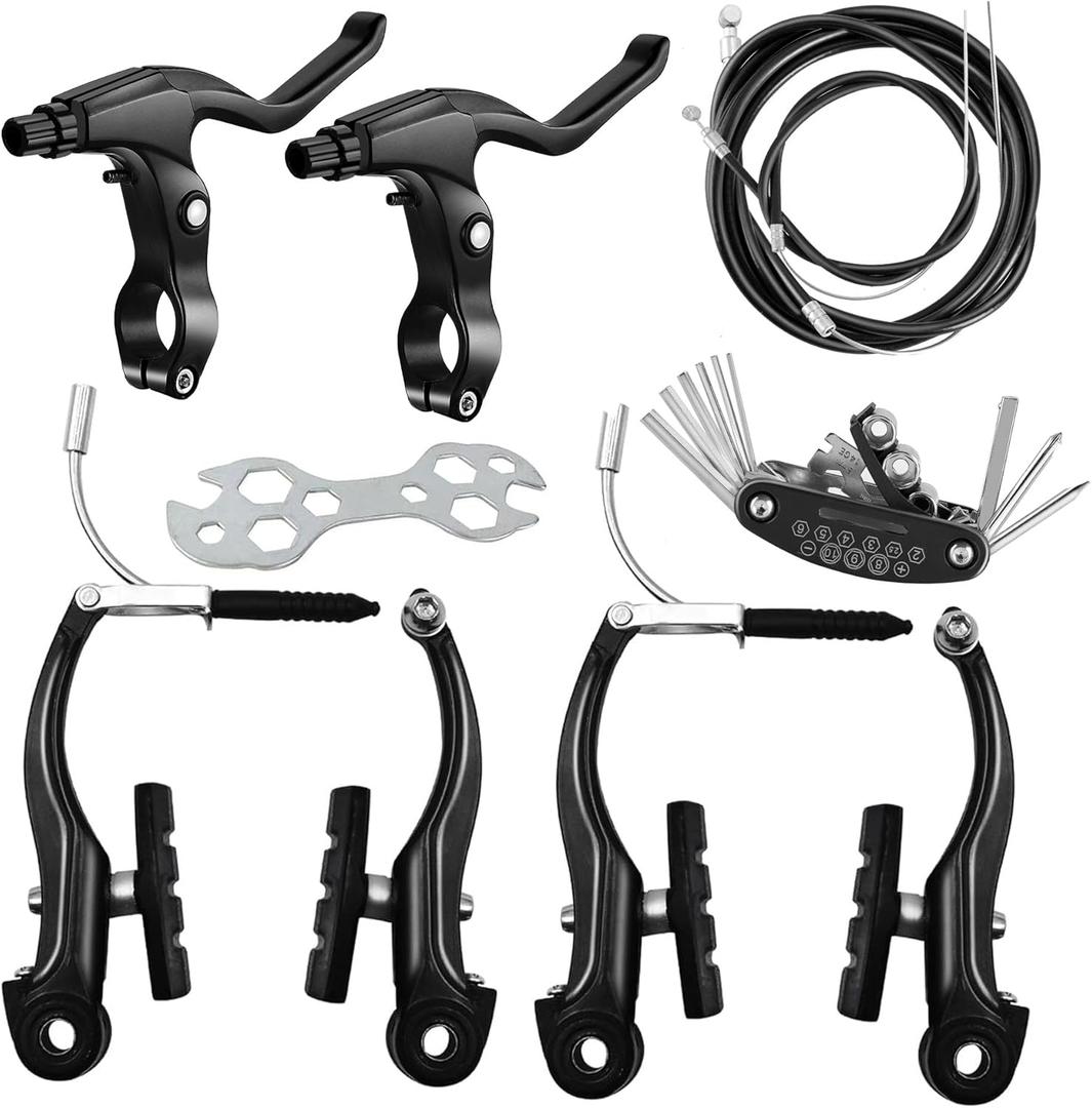 Bike Brakes Set, V-Type Bicycle Brakes, Universal Front and Rear Bicycle Brakes, Bike Tools Set Includes Inner and Outer Callipers Cables Lever Kit, Multi-Tool Wrenches(Black)